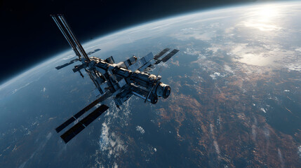 Fototapeta premium A detailed satellite with solar panels extended, floating against the backdrop of Earth’s curved horizon
