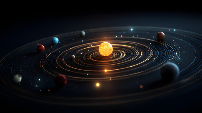 Stylized glowing solar system model showing planets orbiting sun on dark cosmic background