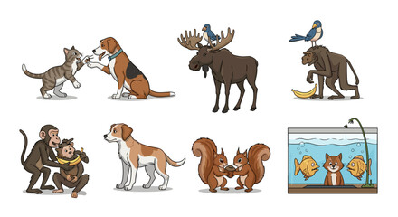 Obraz premium Illustration featuring diverse animals interacting including cat dog moose monkey squirrel and fish in aquarium