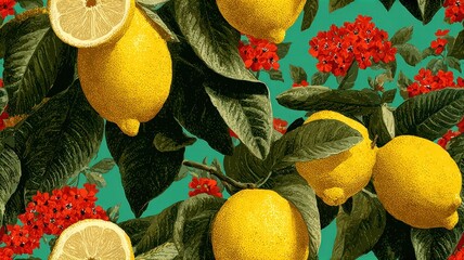 Seamless botanical pattern with realistic lemons, red flowers, and green leaves on colorful background. Mediterranean fruit design for textile, packaging, and summer decor.