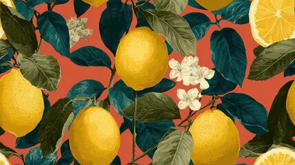 Seamless botanical pattern with realistic lemons, red flowers, and green leaves on colorful background. Mediterranean fruit design for textile, packaging, and summer decor.