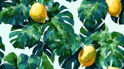Seamless tropical pattern with watercolor lemons and monstera leaves. Exotic fruit background for packaging, textile, and summer design.
