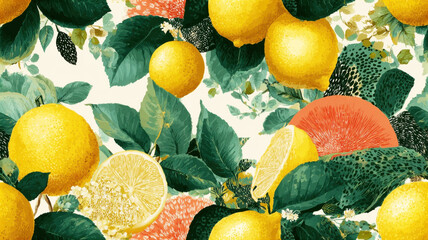 Seamless pattern with whole lemons, citrus slices, and green leaves on textured background. Vibrant fruit design for packaging, textile, and summer decor.
