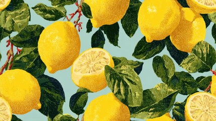 Seamless pattern with whole lemons, citrus slices, and green leaves on textured background. Vibrant fruit design for packaging, textile, and summer decor.