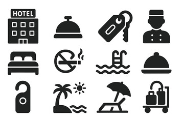 Icons representing hotel services and amenities, depicting a range of activities for guests at a resort or hotel