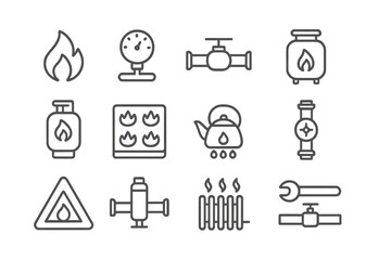 Collection of simple line icons representing various gas and heating elements commonly found in homes