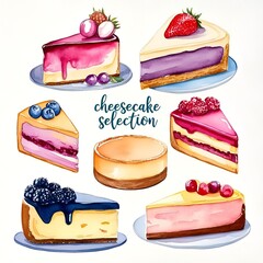 Selection of cheesecake dessert slices in many fruity flavours
