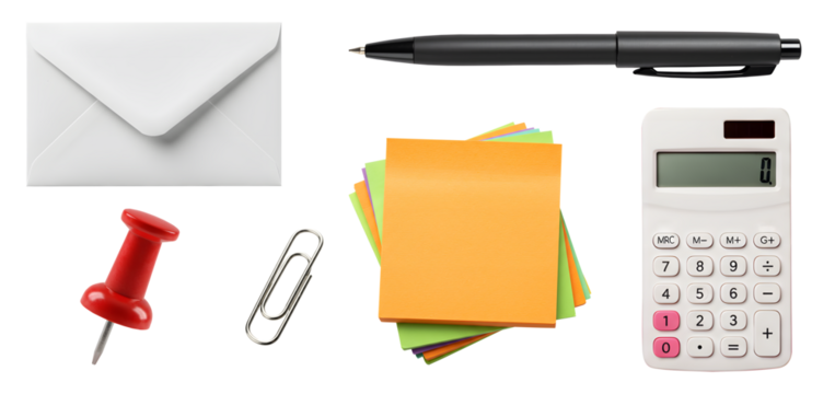 Office supplies and stationery icons png no background icons sticky notes pen envelope pin calculator png icons