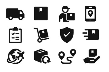 Online shipping icons representing delivery, tracking, and logistics services for efficient package handling
