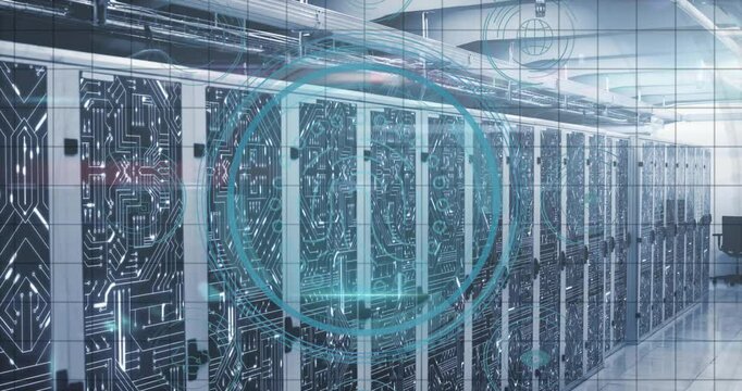 Fading turquoise Data Protection text initiating circle forming and scanning securing server data