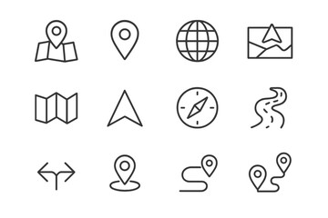 Navigational icons set showcasing various map and location symbols in a minimalist style suitable for digital or print design