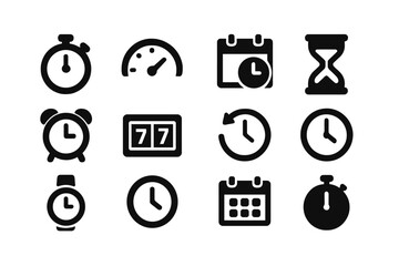 Collection of various clock and timer icons illustrating the concept of time management and measurement of time