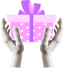 Hands holding gift box halftone collage vector illustration