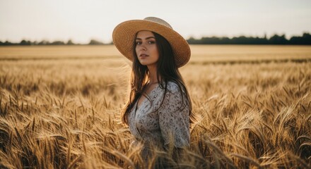 Obraz premium Woman in Floral Dress Standing in Wheat Field