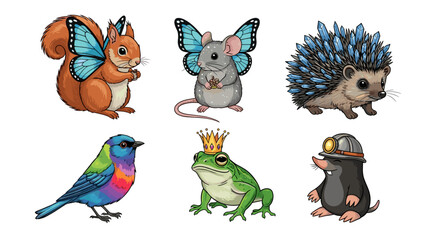 Naklejka premium Illustration of a squirrel with butterfly wings, mouse, hedgehog, bird, frog and a mole character