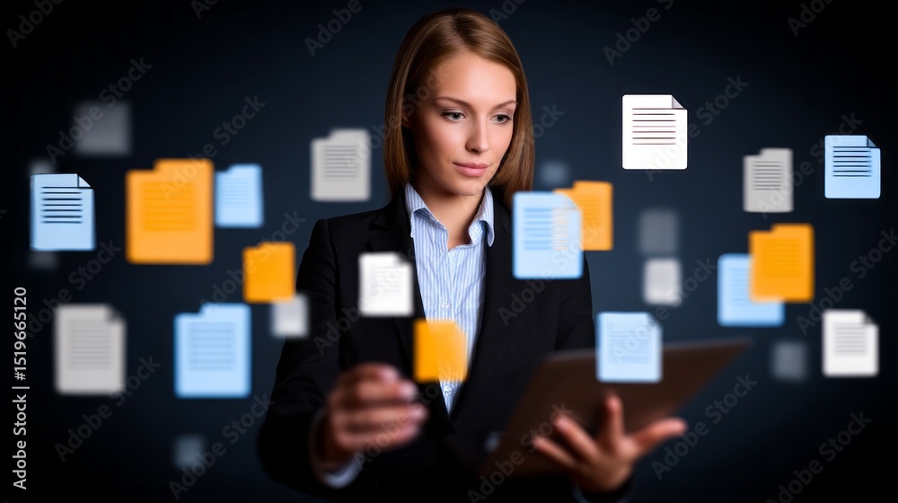 Poster businesswoman engages with futuristic digital documents and technology in a modern workspace setting