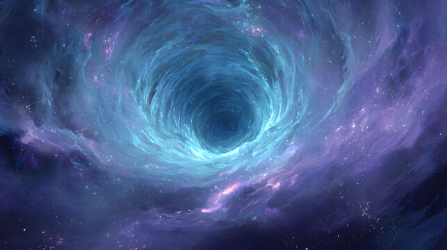 Swirling cosmic portal glowing with blues and purples in deep space suggesting space travel beyond known limits
