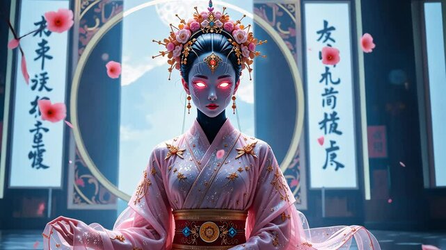Robotic geisha with glowing eyes in traditional kimono against background with asian calligraphy. Concept of cultural fusion and future tech