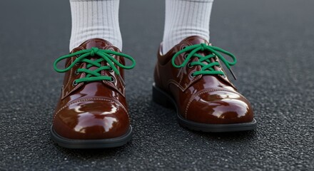 Stylish footwear: brown leather shoes with vibrant green laces for a unique fashion statement look