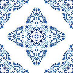 Abstract seamless ornamental watercolor paint tile pattern for fabric. Ceramic tile hand drawn design. Luxury painted Portuguese design.