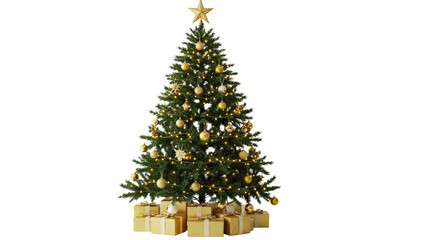 Christmas Tree with Golden Ornaments and Gifts