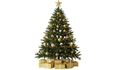 Christmas Tree with Golden Ornaments and Gifts