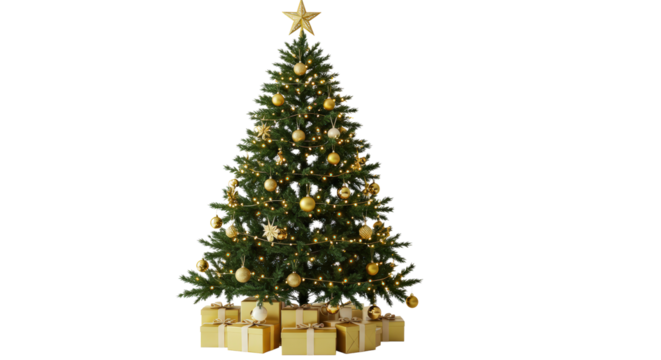 Christmas Tree with Golden Ornaments and Gifts
