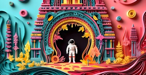 A lonely astronaut discovering an alien temple on Mars with the colorful garden in quilling paper style.