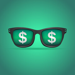 Money Vision – Flat Vector of Glasses with Dollar Signs in Lenses on Green Background