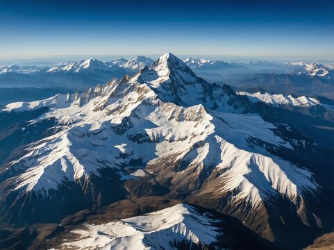 Aerial view of snow-capped mountain peaks under a clear blue sky