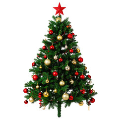 Fototapeta premium Festive decorated Christmas tree with red and gold ornaments, star topper, and dense green pine branches for holiday celebration or seasonal decoration