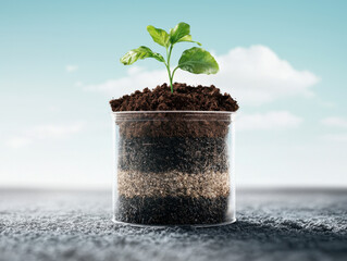 Plant growing layered soil within transparent container, showcasing importance of soil
