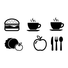 Food burger coffee apple nutrition breakfast lunch dinner meal restaurant cafe healthy eating diet vector icons set