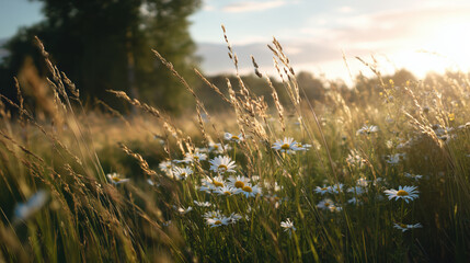 Obraz premium Golden sunlight illuminates wildflowers and tall grass in a tranquil field during sunset in springtime