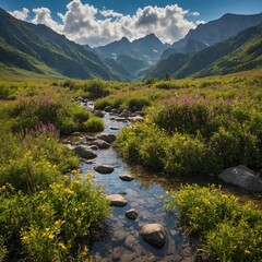 Mountain landscape unfolds with clear stream meandering through vibrant meadow dotted with wildflowers. Majestic mountains, their peaks shrouded in mist.