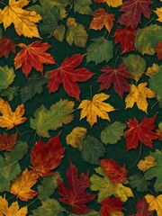 Vibrant collection of autumn leaves densely scattered across dark green background, creating rich tapestry of fall colors. Leaves vary in shades from bright yellow to deep red.