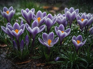 Cluster of purple crocuses emerges vibrantly from dark, wet soil amidst gentle rain, their petals adorned with delicate water droplets that glisten.