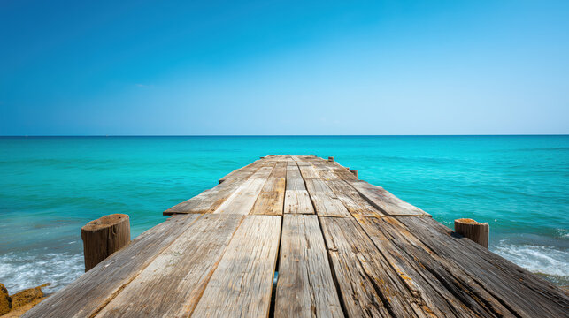 Relaxing wooden pier extending into clear turquoise water on a sunny day, inviting leisure and tranquility by the seaside