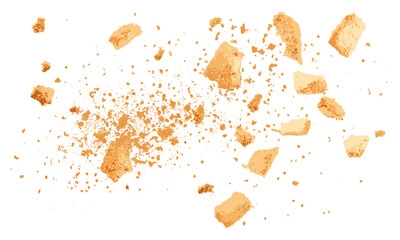 Top view of ground biscuit crumbs flying, isolated on white, clipping path, vector illustration, food preparation, baking crumbs, snack ingredients, texture crumbs, kitchen.