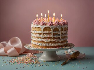 Three-tiered birthday cake with pink, white frosting stands on cake stand, adorned with lit candles on top. Cake decorated with drizzled icing.