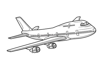 Airplane line art drawing of a large jet airliner in flight for coloring books