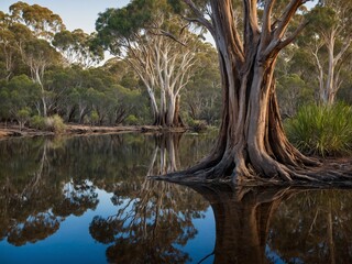 Landscape depicts calm body of water reflecting surrounding nature, with prominent tree featuring intricate root system at forefront. Reflection creates symmetrical image.