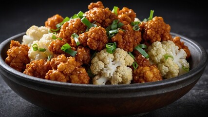 Bowl filled with crispy fried cauliflower, fresh cauliflower florets presented, garnished with finely chopped green onions. Fried cauliflower has golden-brown coating, suggesting crunchy texture.