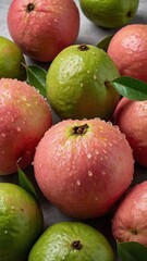 Group of fresh, dew-covered apples resting on surface. Apples, varying in shades from green to red, interspersed with vibrant green leaves, adding contrast, depth to composition.