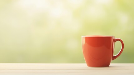 Fototapeta premium A single orange mug sits on a light wooden table against a blurred green nature background. Perfect for concepts of morning coffee, relaxation, and peaceful moments.