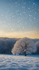 Solitary tree stands in center of snow-covered field, its branches heavy with frost against backdrop of forest, sky filled with snowflakes. Sun, low on horizon, bathes scene in warm glow.