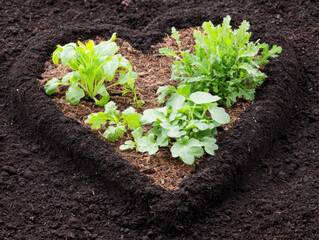 Heart shaped garden with vibrant soil and fresh greens, symbolizing love for nature