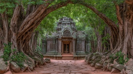 Ancient temple nestled between banyan trees in jungle, Ta Prohm, Siem Reap, Cambodia