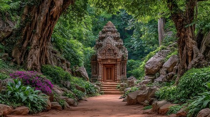 Ancient temple nestled in a lush forest with stone pathway and vibrant purple flowers