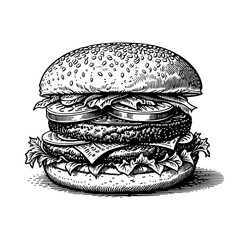 Burger with Cheese and Lettuce in Detailed Black and White Outline Line Art Drawing